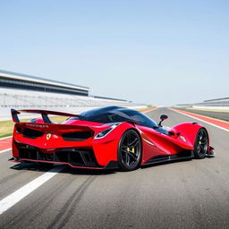 A Ferrari FXX-K Evo, showcasing its aerodynamic and aggressive design, parked on a racing track