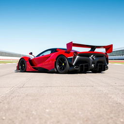 A Ferrari FXX-K Evo, showcasing its aerodynamic and aggressive design, parked on a racing track