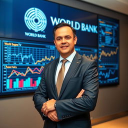 A world bank economist standing confidently in front of a large screen displaying complex economic graphs and data, symbolizing Paraguay's economic future