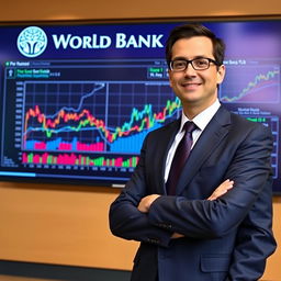 A world bank economist standing confidently in front of a large screen displaying complex economic graphs and data, symbolizing Paraguay's economic future