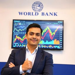 A world bank economist standing confidently in front of a large screen displaying complex economic graphs and data, symbolizing Paraguay's economic future