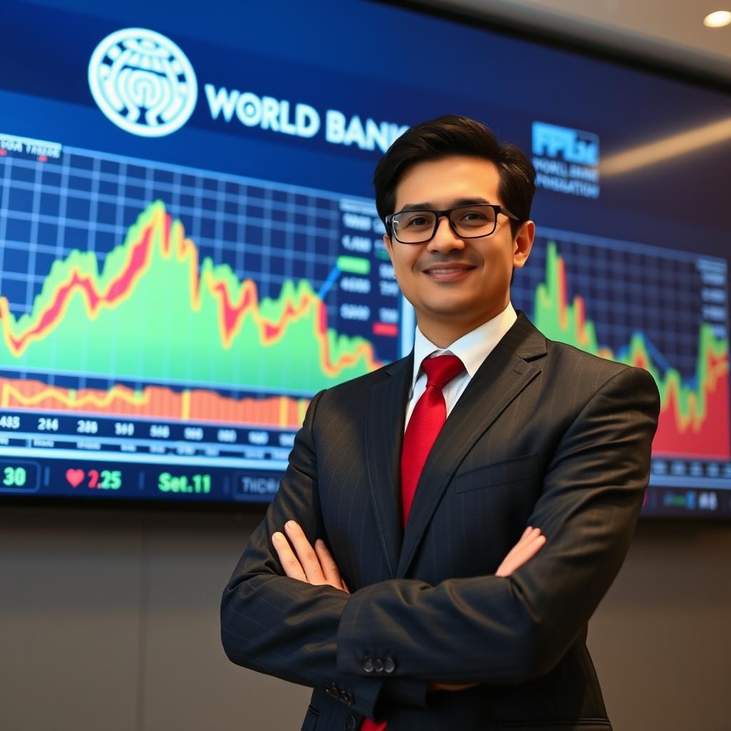 A world bank economist standing confidently in front of a large screen displaying complex economic graphs and data, symbolizing Paraguay's economic future