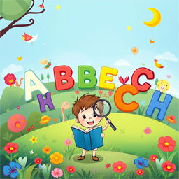 Colorful, magical landscape for a children's book cover featuring friendly alphabet characters like 'A', 'B', and 'C' playfully interacting