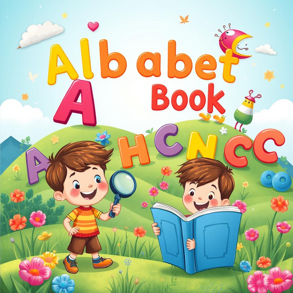 Colorful, magical landscape for a children's book cover featuring friendly alphabet characters like 'A', 'B', and 'C' playfully interacting