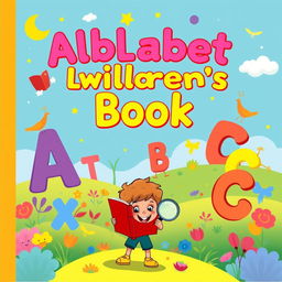 Colorful, magical landscape for a children's book cover featuring friendly alphabet characters like 'A', 'B', and 'C' playfully interacting