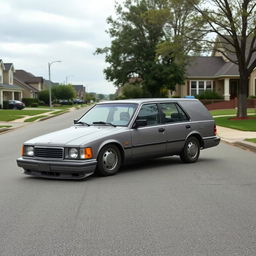 A nondescript, mundane car with a basic boxy design, painted in a dull gray color