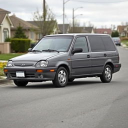 A nondescript, mundane car with a basic boxy design, painted in a dull gray color