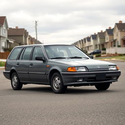 A nondescript, mundane car with a basic boxy design, painted in a dull gray color