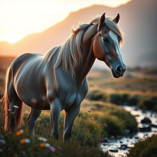 A majestic horse standing beside a serene landscape, illuminated by a soft sunset