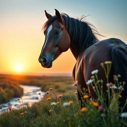 A majestic horse standing beside a serene landscape, illuminated by a soft sunset