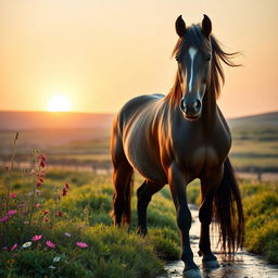 A majestic horse standing beside a serene landscape, illuminated by a soft sunset