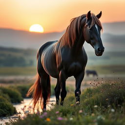 A majestic horse standing beside a serene landscape, illuminated by a soft sunset