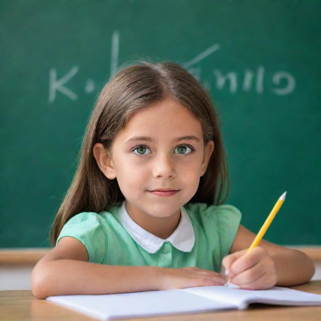 An animated young girl with brown hair and emerald green eyes focused on writing on a classroom blackboard