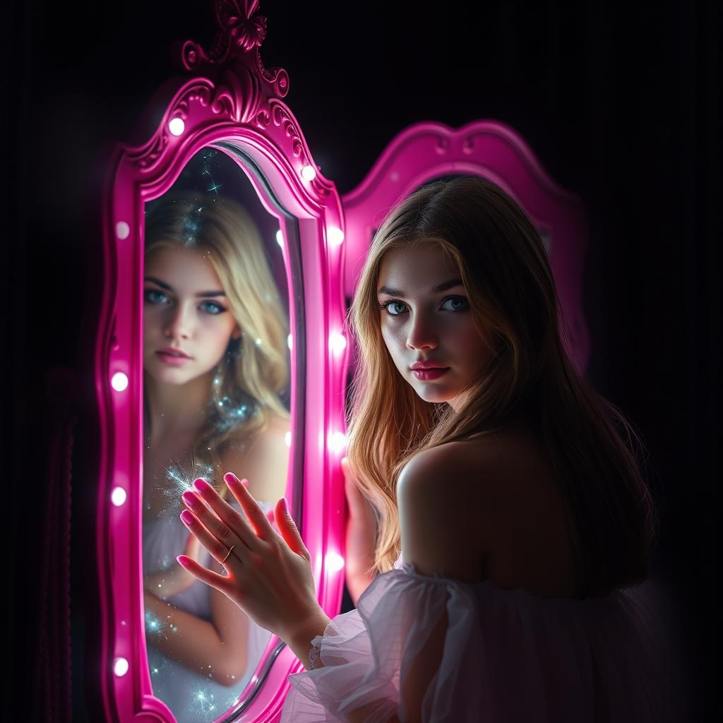 A young woman with light brown hair and dark green, sparkling eyes stepping into a pink mirror in a dark room