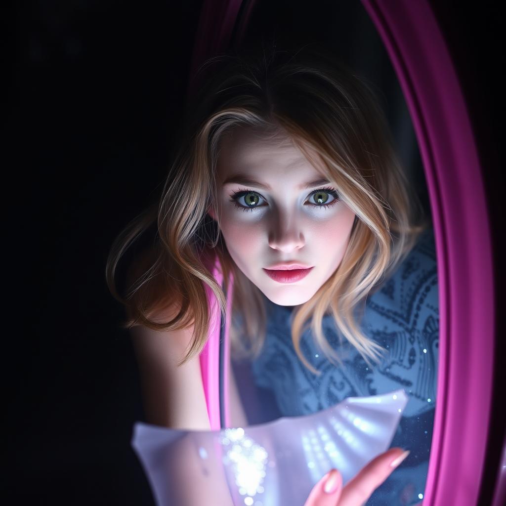 A young woman with light brown hair and dark green, sparkling eyes stepping into a pink mirror in a dark room