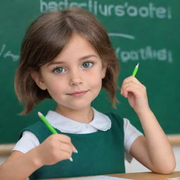 An animated young girl with brown hair and emerald green eyes focused on writing on a classroom blackboard