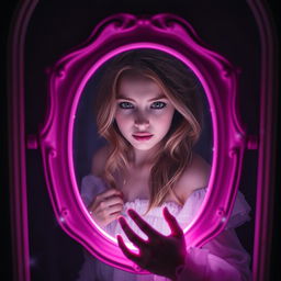 A young woman with light brown hair and dark green, sparkling eyes stepping into a pink mirror in a dark room