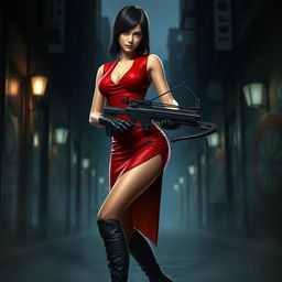 A realistic and full HD portrayal of Ada Wong from Resident Evil 4, depicted as a stylish and confident secret agent