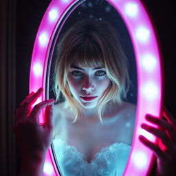 A young woman with light brown hair and dark green, sparkling eyes stepping into a pink mirror in a dark room