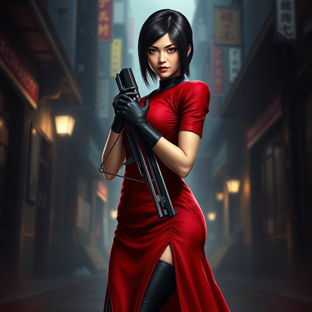 A realistic and full HD portrayal of Ada Wong from Resident Evil 4, depicted as a stylish and confident secret agent