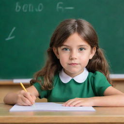 An animated young girl with brown hair and emerald green eyes focused on writing on a classroom blackboard