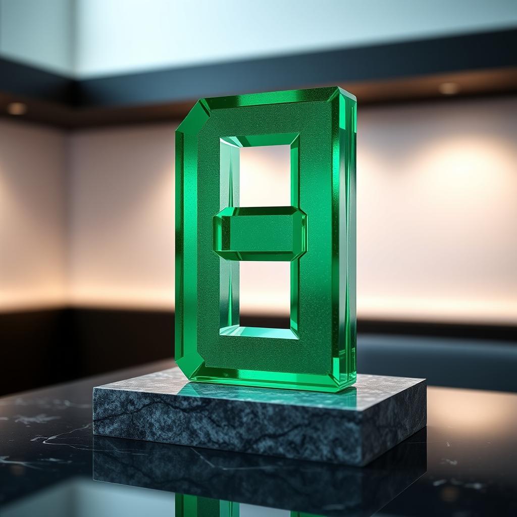 A majestic emerald-green number four crafted with precision, set on a sleek granite pedestal