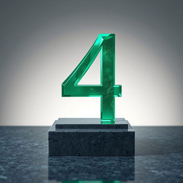 A majestic emerald-green number four crafted with precision, set on a sleek granite pedestal