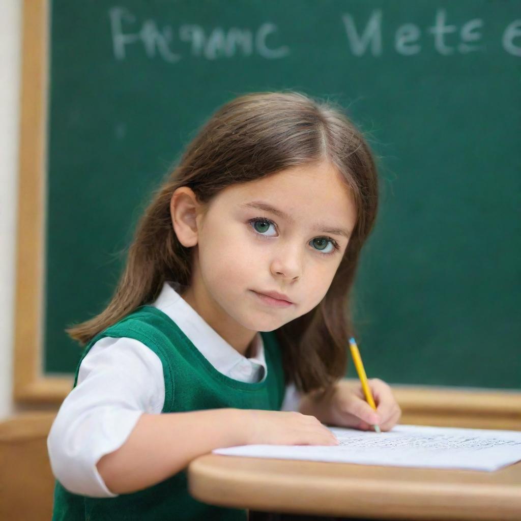 An animated young girl with brown hair and emerald green eyes focused on writing on a classroom blackboard