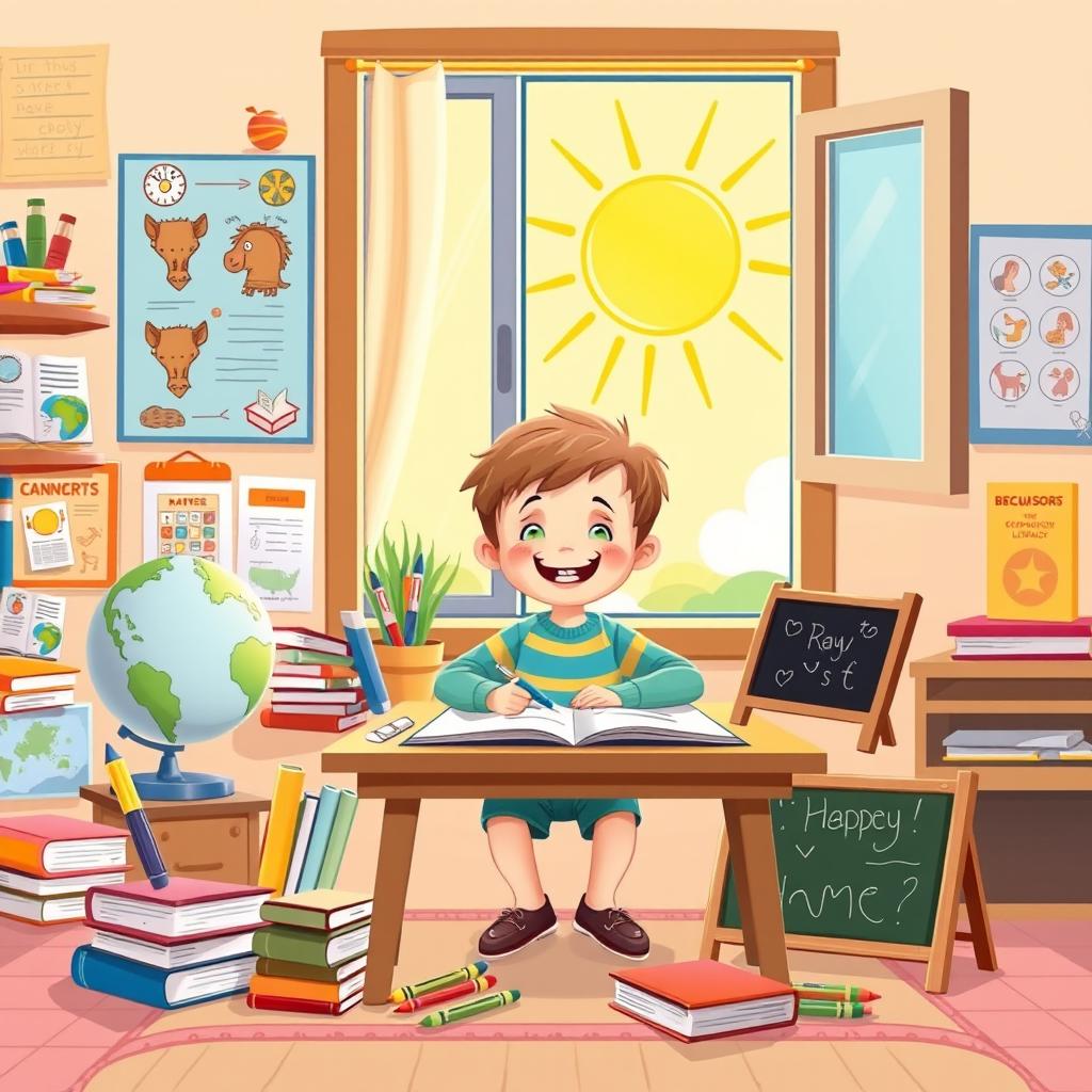 A vivid and engaging illustration representing a children's complementary literacy theme centered around homeschooling