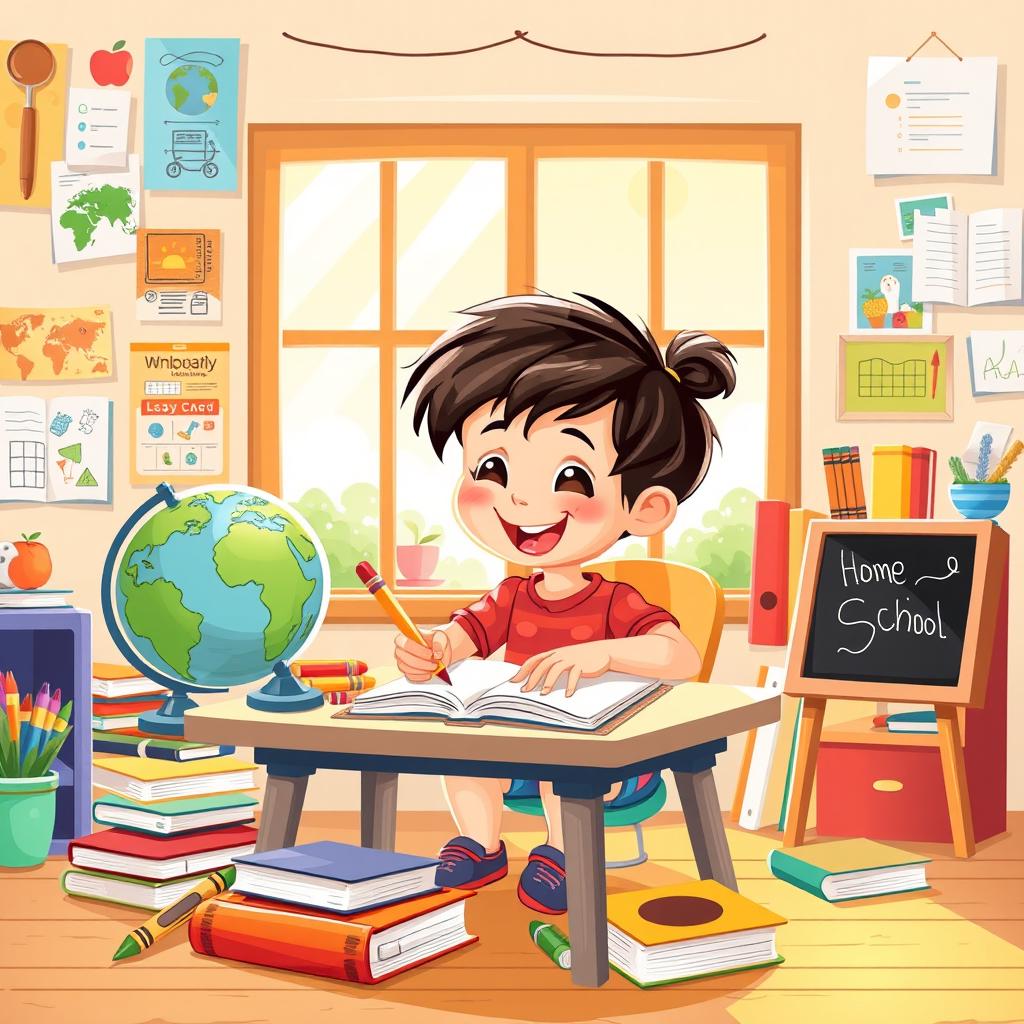 A vivid and engaging illustration representing a children's complementary literacy theme centered around homeschooling