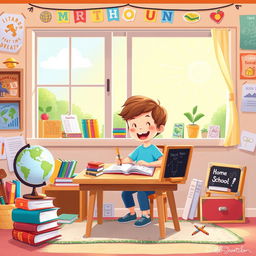 A vivid and engaging illustration representing a children's complementary literacy theme centered around homeschooling