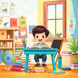 A vivid and engaging illustration representing a children's complementary literacy theme centered around homeschooling