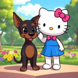 Hello Kitty standing next to a Doberman in a friendly and playful manner, with a vibrant cartoonish style