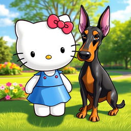 Hello Kitty standing next to a Doberman in a friendly and playful manner, with a vibrant cartoonish style