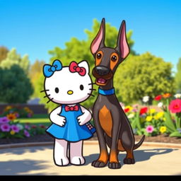 Hello Kitty standing next to a Doberman in a friendly and playful manner, with a vibrant cartoonish style