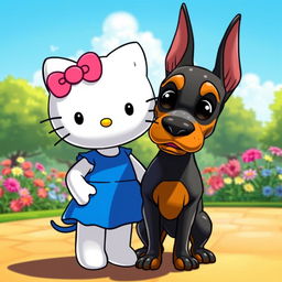 Hello Kitty standing next to a Doberman in a friendly and playful manner, with a vibrant cartoonish style