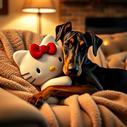 A heartwarming scene featuring Hello Kitty and a Doberman cuddling together on a cozy sofa