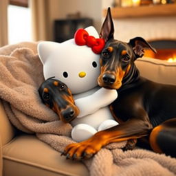 A heartwarming scene featuring Hello Kitty and a Doberman cuddling together on a cozy sofa