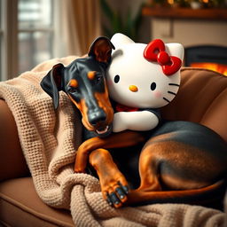 A heartwarming scene featuring Hello Kitty and a Doberman cuddling together on a cozy sofa