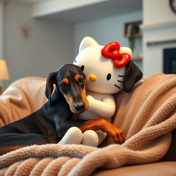 A heartwarming scene featuring Hello Kitty and a Doberman cuddling together on a cozy sofa