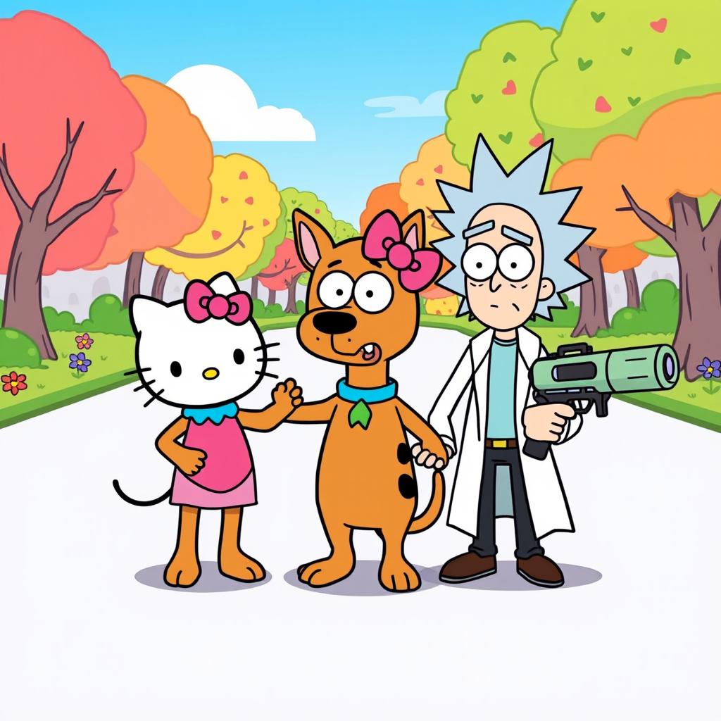 Hello Kitty, Scooby-Doo, and Rick Sanchez from "Rick and Morty" standing together in a colorful cartoon-style illustration