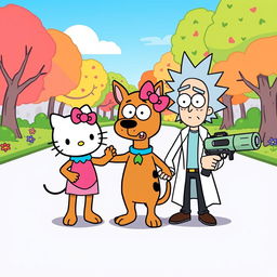 Hello Kitty, Scooby-Doo, and Rick Sanchez from "Rick and Morty" standing together in a colorful cartoon-style illustration