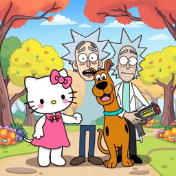 Hello Kitty, Scooby-Doo, and Rick Sanchez from "Rick and Morty" standing together in a colorful cartoon-style illustration