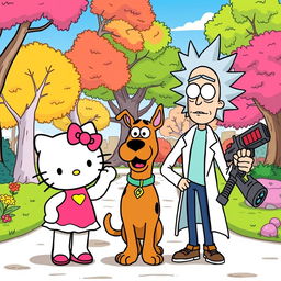 Hello Kitty, Scooby-Doo, and Rick Sanchez from "Rick and Morty" standing together in a colorful cartoon-style illustration