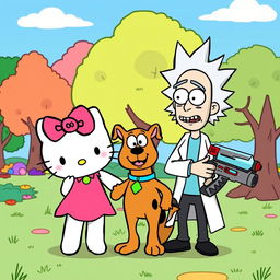 Hello Kitty, Scooby-Doo, and Rick Sanchez from "Rick and Morty" standing together in a colorful cartoon-style illustration