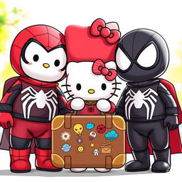 Hello Kitty, brown suitcase with travel stickers in hand, standing adorably between Red Spider-Man and Black Spider-Man, all depicted as siblings