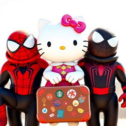 Hello Kitty, brown suitcase with travel stickers in hand, standing adorably between Red Spider-Man and Black Spider-Man, all depicted as siblings