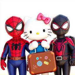 Hello Kitty, brown suitcase with travel stickers in hand, standing adorably between Red Spider-Man and Black Spider-Man, all depicted as siblings