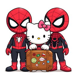 Hello Kitty, brown suitcase with travel stickers in hand, standing adorably between Red Spider-Man and Black Spider-Man, all depicted as siblings