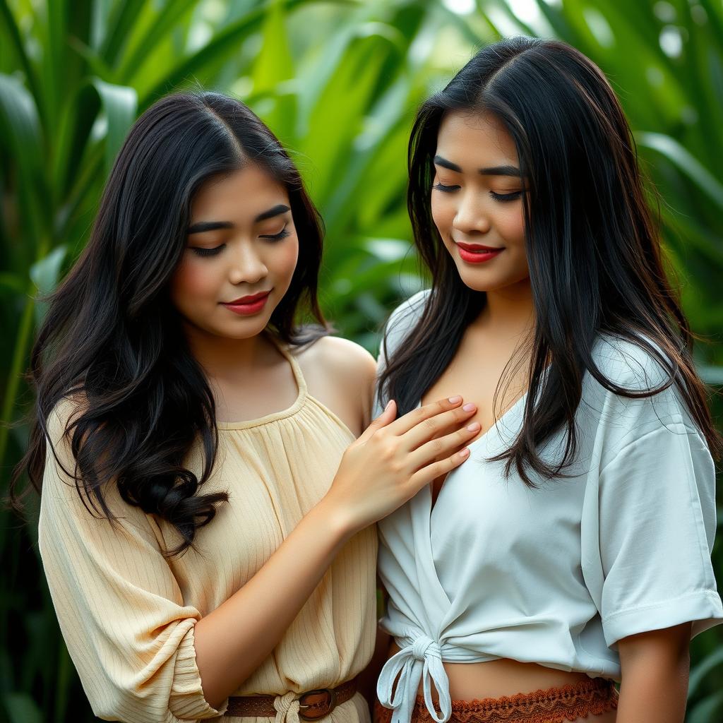 Two beautiful 20-year-old Indonesian women standing close together, each gently holding the other's natural breasts with closed eyes